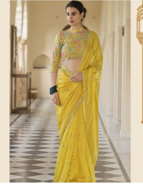yellow saree -moss chiffon |blouse -banglori silk fabric embroidery lace border work work wedding  