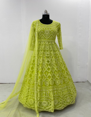 parrot gown-heavy butterfly net |innce -micro cotton |dupatta-heavy butterfly net |length 52-55 inch |flair 3m |length 2.1m fabric embroidery work work casual 