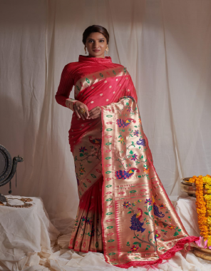 red pure silk fabric paithani weaving jacqaurd  work festive 