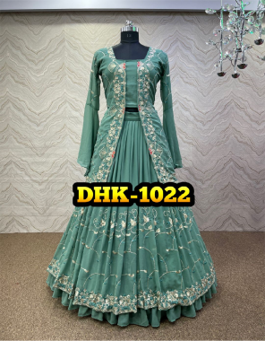 pista parrot lehenga -heavy fox georgette micro cotton inner semi stitched upto 44 length 42-44 flair 3m |top-fox georgette micro cotton length 33-35inch  fabric embroidery work ethnic 