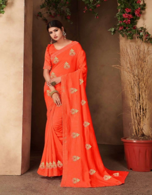 orange vichitra dyed swarovski diamond butta work and running blouse fabric embroidery work wedding 