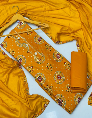 yellow top-heavy rayon print 1.90m |bottom-cotton 2m |dupatta-chinone 2.10m fabric digital print  work party wear 