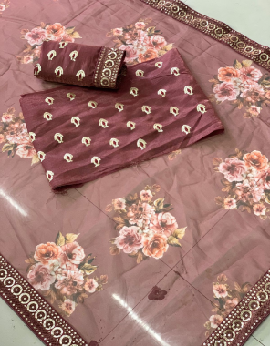 coffee saree-soft organza |blouse -satin banglori fabric embroidery digital print  work ethnic 