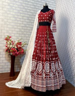 red white  lehenga -chiffon length 42 width upto 42 to 44 flair upto 3m |inner -american crepe |blouse -chiffon |dupatta-heavy georgette 9mm less work 2.40m fabric sequence 9mm multi needle embroidery less work work wedding 