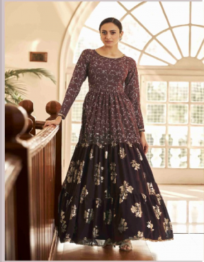 coffee georgette |inner-silk crepe |size-customized from 34 to 46 |top length 58 |inner length 3m | type -semi stitched  fabric foli work work wedding 