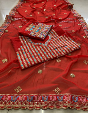 red saree-georgette |blouse -satin banglori fabric embroidery seqeunce  work ethnic 