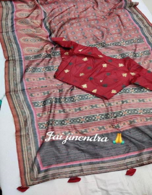 red linen cotton saree with readymade blouse 38 ready upto 40 fabric digital printed work festive  