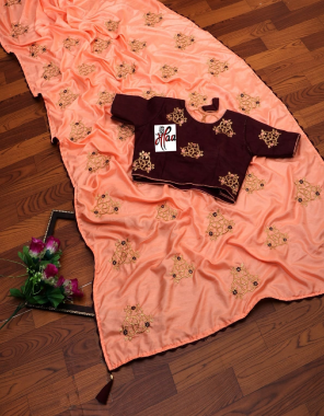 orange dolla silk with readymade blouse 38 ready upto 42 fabric embroidery work wedding 