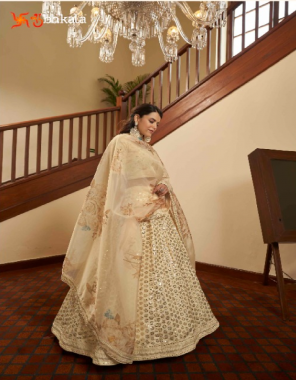 cream lehenga -art silk length 42|choli -art silk 1m |dupatta -organza net 2.40m |type-semi stitched upto 42 bust and waist fabric thread seqeunce embroidery work work wedding 