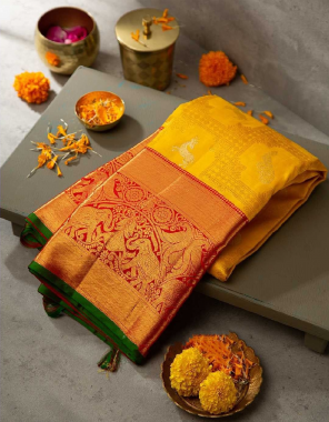yellow soft lichi silk  fabric weaving jacqaurd  work festive  