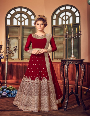 maroon top-heavy georgette |sleeve -georgette |bottom+inner -santoon |dupatta -heavy nazmeen |top length max upto 54 |size-max upto 44 |type -semi stitched fabric embroidery work running  