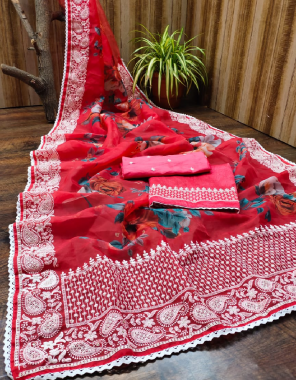 red soft khadi organza fabric seqeunce embroidery work festive 