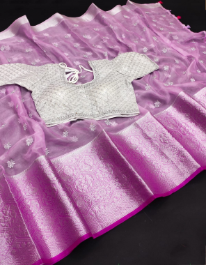 pink soft organza saree with readymade blouse 38 ready upto 42 fabric weaving seqeunce  work running 