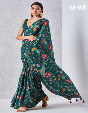 green saree-premium georgette |blouse -crochet print  fabric digital printed seqeunce  work festive 