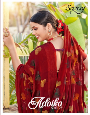 red chiffon embroidery work saree with banglori blouse  fabric embroidery digital print  work party wear 
