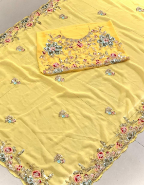 yellow georgette  fabric embroidery stone work work casual  