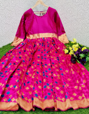 pink banarasi silk |length 55 |sleeve -3/4 full stitched free size upto xxl fabric weaving jacqaurd  work running 