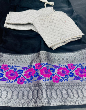 blue soft organza saree with readymade blouse fabric weaving jacqaurd  work wedding 