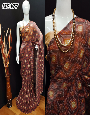 coffee saree-georgette |blouse-banglori silk fabric digital printed work wedding 