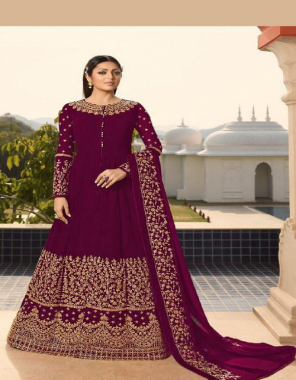 wine top-heavy georgette |sleeve-heavy georgette |bottom+inner-santoon|dupatta-nazmin |length-max upto 56 |size-max upto 44 |flair 4m |type-semi stitched fabric embroidery work work wedding 