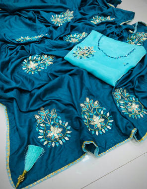 sky blue dola silk fabric mirror embroidery work running 