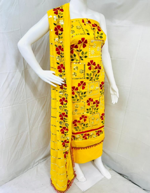 yellow top-heavy cotton 1.9m |bottom-cotton 2m |dupatta-heavy cotton 2.10m fabric embroidery seqeunce  work party wear  