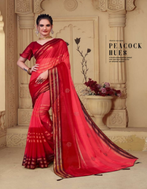 red chiffon patteren peding saree with banglori blouse  fabric diamond  work running 