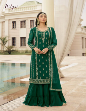green top-heavy georgette length 44 size max upto 60|sleeve -heavy georgette |inner-santoon |sharara -heavy fox georgette length 42 size max upto 44 flair 2m |dupatta-heavy georgette |type-semi stitched fabric embroidery work casual 