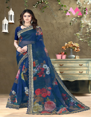 blue saree -organza silk |blouse -banglori silk fabric embroidery digital print  work festive 