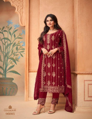 maroon top-heavy faux georgette length max upto 44 |size -max upto  52 |bottom+inner-santoon |dupatta-faux georgette |type-semi stitched  fabric embroidery  work party wear  