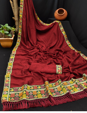maroon heavy vichitra silk fabric embroidery border  work festive 
