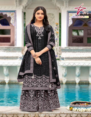 black top-heavy georgette |bottom-heavy georgette full stitched with free size|inner-santoon|dupatta-heavy georgette |size-58(9xl) fabric embroidery seqeunce  work ethnic 