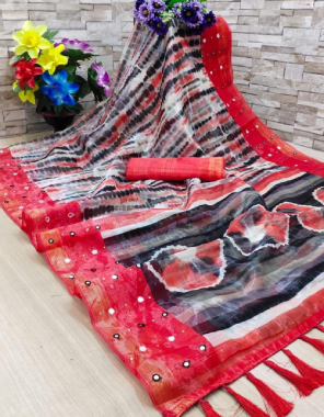 red organza tissue silk fabric digital print  work wedding 
