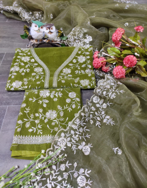 mehndi saree-organza silk |blouse -soft velvet fabric thread seqeunce  work casual 