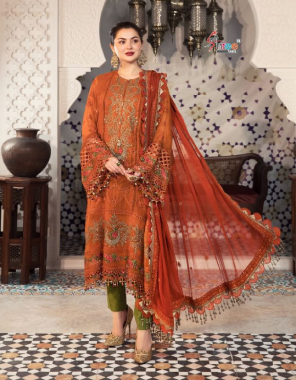 orange top-fox georgette with heavy embroidery |bottom-semi lawn |dupatta-embroidery net [pakistani copy] fabric embroidery  work ethnic 