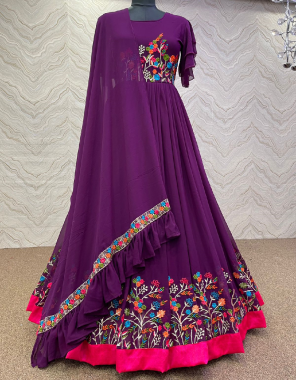 wine gown-pure georgette silk length 56-58inch flair 3m |inner-micro cotton |dupatta-heavy fox georgette 2.1m|gown-full stitched xl with xxl margin fabric embroidery work work wedding 