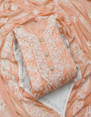 orange top-chanderi |bottom+inner-santoon silk 3.40m |dupatta-chinone 2.20m |semi stitched upto 42 fabric embroidery work work ethnic 
