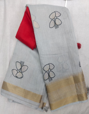 grey soft cotton saree with banglori silk blouse fabric embroidery work ethnic 