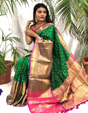 green pure handloom kanchipuram silk fabric weaving jacqaurd  work running 