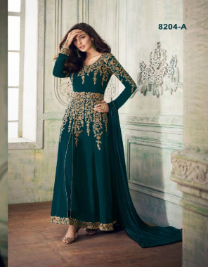 green top-georgette |sleeve-georgette |inner+bottom -santoon |dupatta-nazmin chiffon|length -max upto 56 |size-max upto 44 |type-semi stitched fabric embroidery  work running 