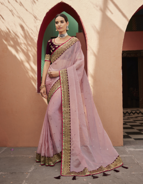 peach pink soft silk organza saree with phantom silk blouse fabric zari resham embroidery border work work casual 