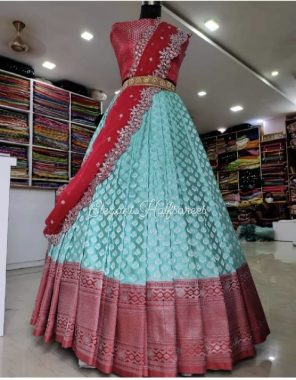 sky lehenga-kanjivaram silk 3m |blouse-banglori 1m |dupatta-organza 2.20m fabric weaving jacqaurd  work ethnic 