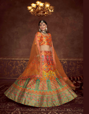 orange lehenga-art silk length 42inch |choli-art silk 1m |dupatta-net 2.40m fabric printed with embroidery work work festive 