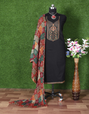black top-pure cotton dyed with embroidery work |bottom-cotton solid dyed |dupatta-pure bandhej print  fabric embroidery work work ethnic 
