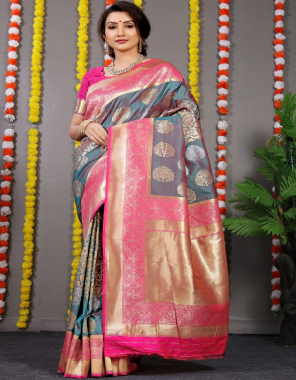 grey kanchipuram pure silk fabric handloom weaving jacqaurd  work running 