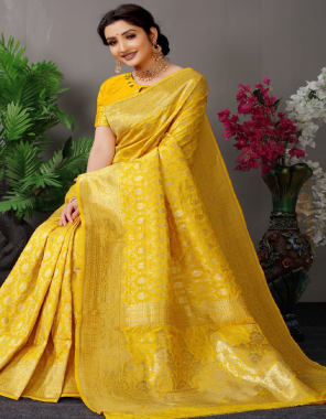 yellow pure silk fabric gold weaving jacqaurd  work wedding 