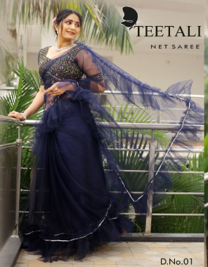 navy blue soft net with kumar belt saree and banglori silk blouse fabric fancy work running 