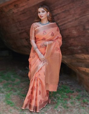 orange soft linen silk fabric printed work casual 