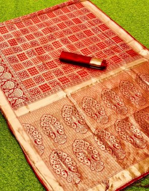 red banarsi silk fabric printed work wedding 