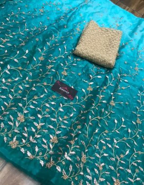 sky blue pure organza fabric full heavy embroidery + daimond work work festive 